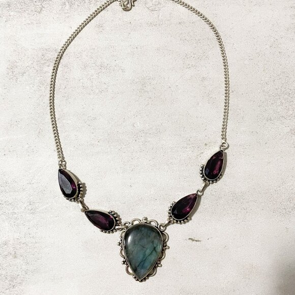 Handmade Labradorite Amethysts 925 Sterling Silver Filigree Station Necklace 18" - Picture 3 of 9